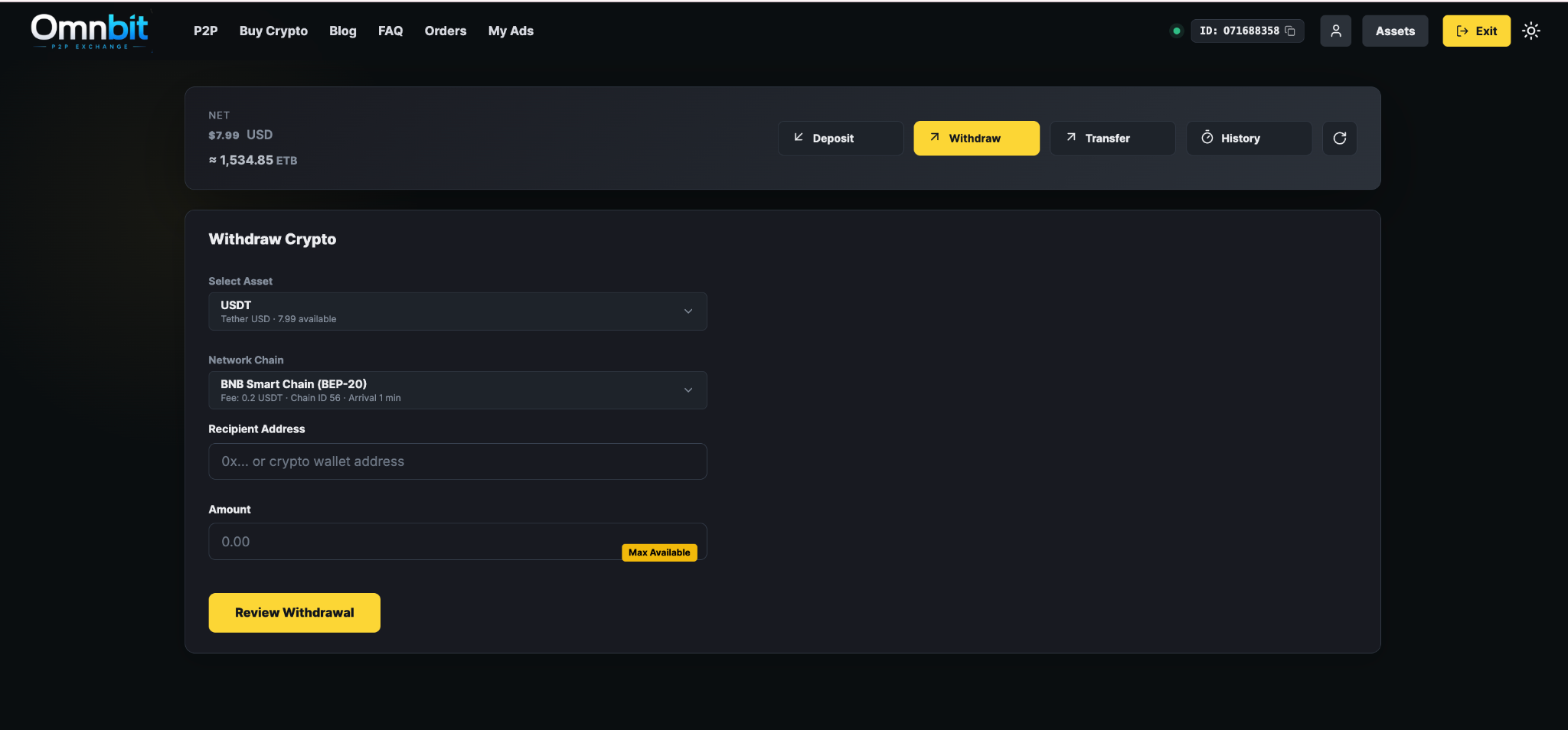Omnbit asset management dashboard showing USDT withdrawal functionality